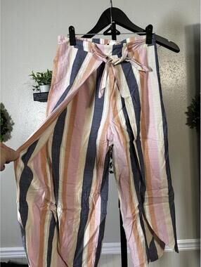 Striped Wide Leg Pants with Front Tie Detail